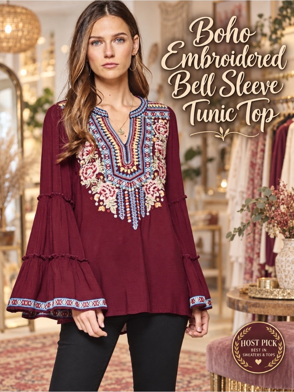 BOHO EMBROIDERED BELL SLEEVE TUNIC TOP 🎉2×HOST PICK🎉 NEW